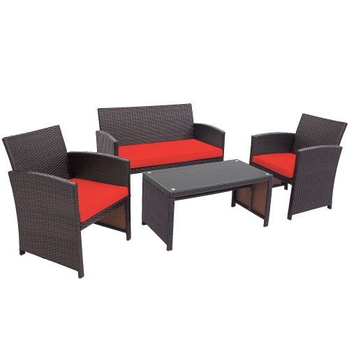 TOPBUY  Patiojoy 4PCs Outdoor Patio Furniture Sets Weather-Resistant Rattan Sofas W/ Soft Cushion In Red
