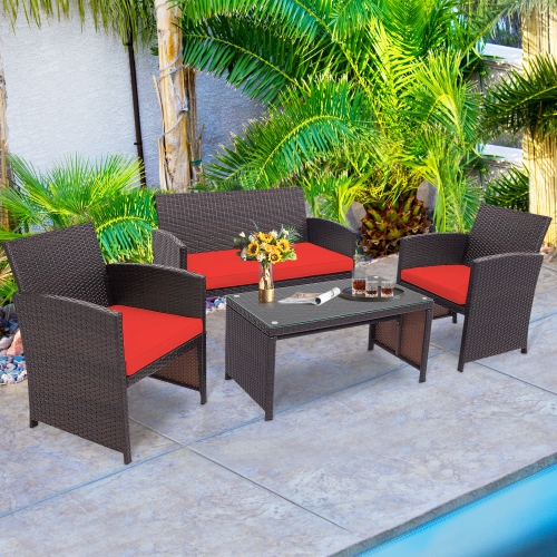 Patiojoy 4PCS Outdoor Patio Furniture Sets Weather-Resistant Rattan Sofas w/ Soft Cushion Red