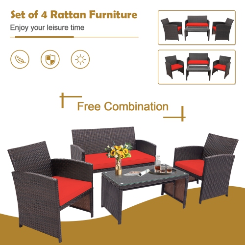 Patiojoy 4PCS Outdoor Patio Furniture Sets Weather-Resistant Rattan Sofas w/ Soft Cushion Red