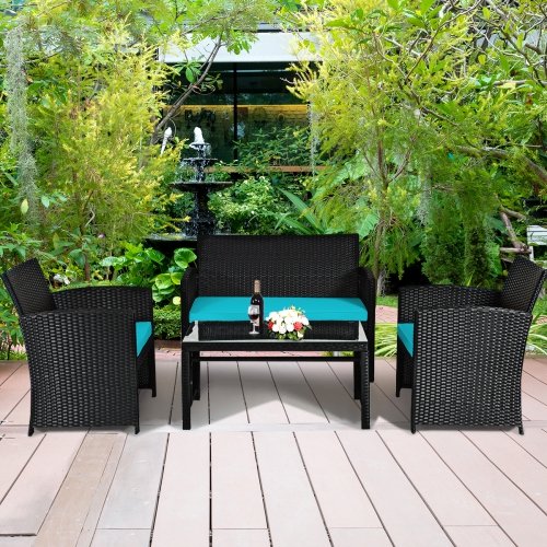 TOPBUY  Patiojoy 4 Piece Outdoor Patio Rattan Furniture Set Cushioned Seat for Garden, Porch, Lawn In Turquoise