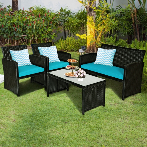 Patiojoy 4 Piece Outdoor Patio Rattan Furniture Set Turquoise Cushioned Seat For Garden, porch, Lawn