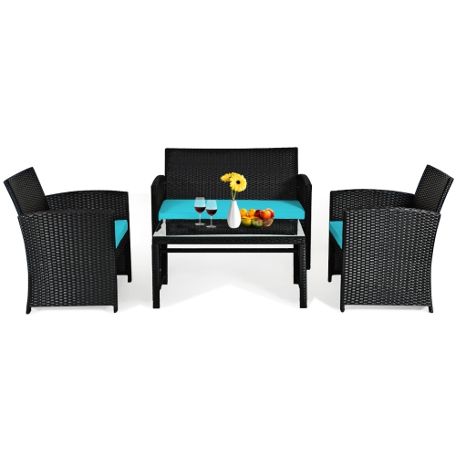 Patiojoy 4 Piece Outdoor Patio Rattan Furniture Set Turquoise Cushioned Seat For Garden, porch, Lawn