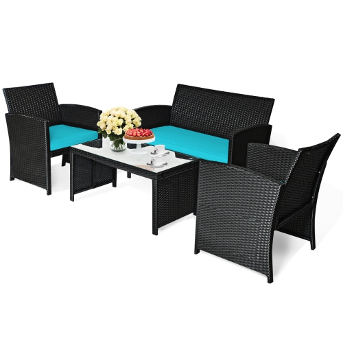 Patiojoy 4 Piece Outdoor Patio Rattan Furniture Set Turquoise Cushioned Seat For Garden, porch, Lawn
