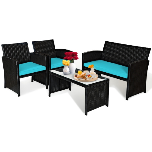 Patiojoy 4 Piece Outdoor Patio Rattan Furniture Set Turquoise Cushioned Seat For Garden, porch, Lawn