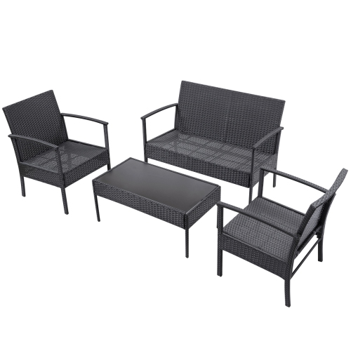 TOPBUY  4 PCs Rattan Wicker Furniture Set Loveseat Sofa Cushioned Patio Outdoor In Black