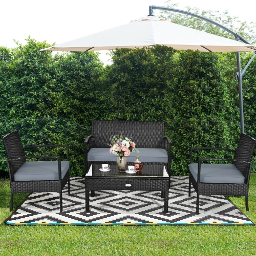 Topbuy 4 PCS Rattan Wicker Furniture Set Loveseat Sofa Cushioned Patio Outdoor Black
