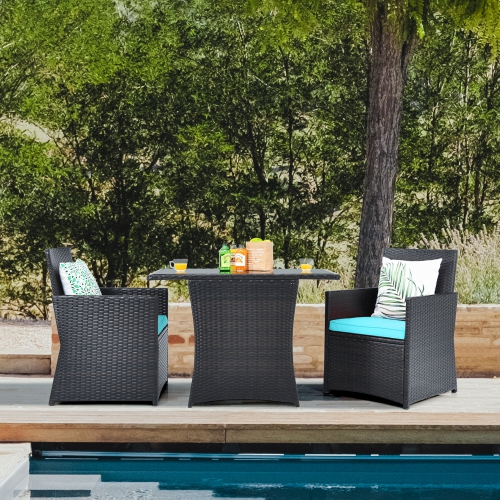 GYMAX  3PCs Patio Wicker Bistro Set Pe Rattan Dining Table Set W/ Cushions In Turquoise