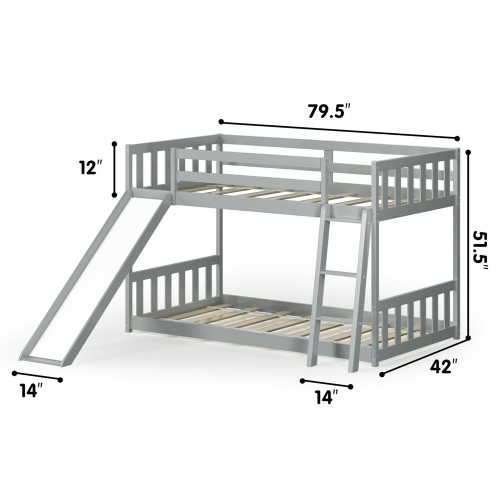 Gymax Twin over Twin Bunk Wooden Low Bed with Slide Ladder for Kids