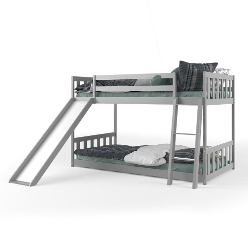 Gymax Twin over Twin Bunk Wooden Low Bed with Slide Ladder for Kids