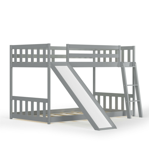 Gymax Twin over Twin Bunk Wooden Low Bed with Slide Ladder for Kids