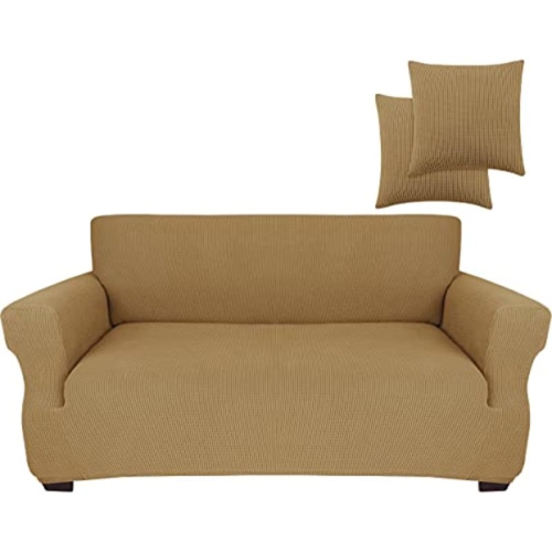 JINAMART  Loveseat Slipcover Stretch Elastic Couch Cover Sofa 2 Seat, 1-Piece (Sand, Medium)