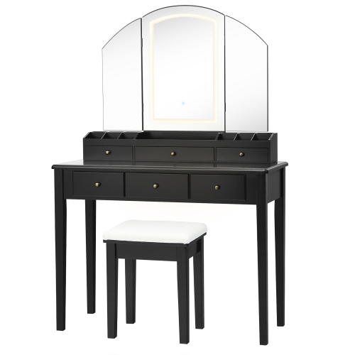Costway Vanity Table Stool Set Large Tri-folding Lighted Mirror 6 Drawer Dresser