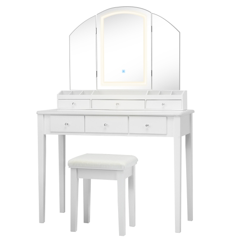 Costway Vanity Table Stool Set Large Tri-folding Lighted Mirror 6 Drawer Dresser