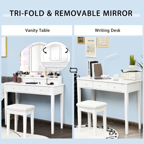 Costway Vanity Table Stool Set Large Tri-folding Lighted Mirror 6 Drawer Dresser