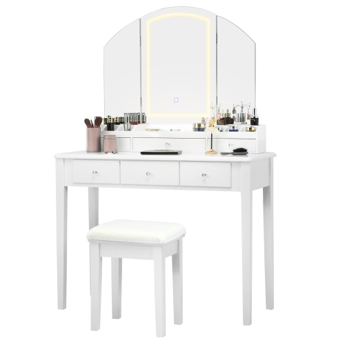 Costway Vanity Table Stool Set Large Tri-folding Lighted Mirror 6 Drawer Dresser