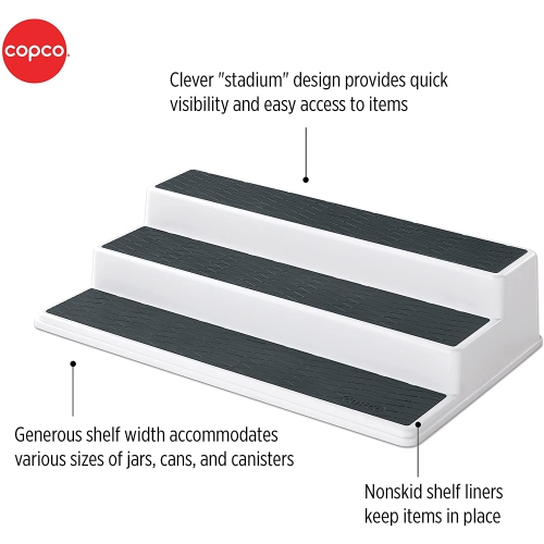 Copco Non-Skid 3-Tier Spice Pantry Kitchen Cabinet Organizer, 15-Inch, White/Gray