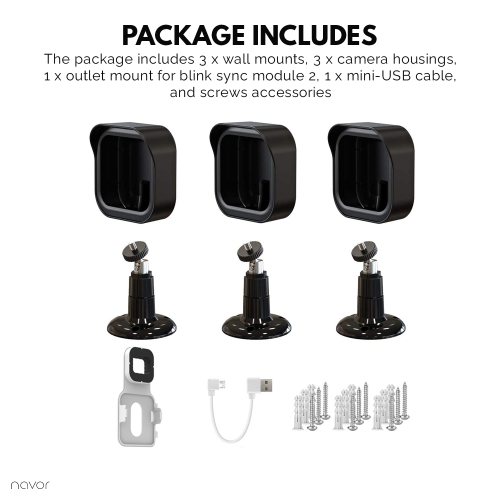 Navor 3 Pack 360 Degree Adjustable Blink Camera Wall Mounts, Weatherproof Protective Housing Cover with 1 Blink Sync Module 2 Outlet Mount for