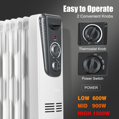 Topbuy 1500W Oil Filled Radiator 5.7 Fin Thermostat Room Radiant Electric Space Heater