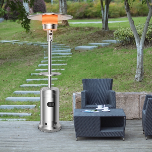 Patiojoy Patio Rolling Steel Heater Freestanding Outdoor Propane Heater w/Table Suitable for Garden Wedding & Party Silver