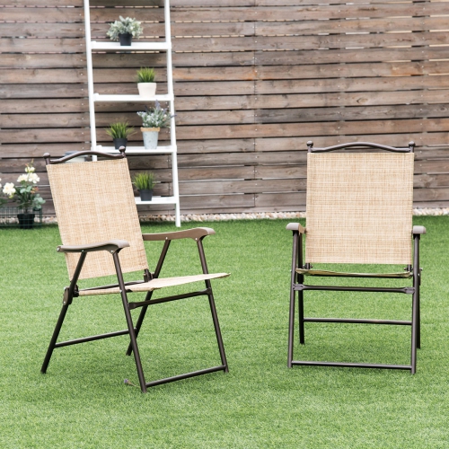 Topbuy 2-Piece Folding Outdoor Patio Chair Sling Back Camping Chair with Armrest & Pillow