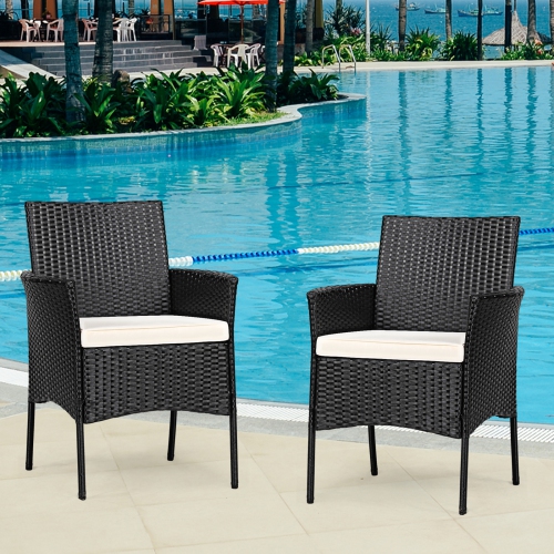 Patiojoy Outdoor 2 PCS Rattan Dining Chair Patio Cushioned Arm Chair w/Zipper Black