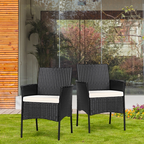 Patiojoy Outdoor 2 PCS Rattan Dining Chair Patio Cushioned Arm Chair w/Zipper Black