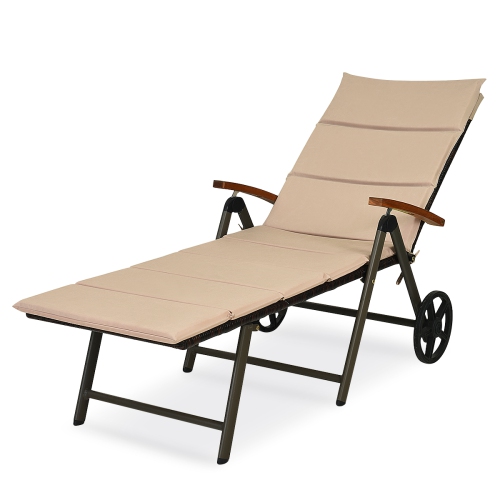 TOPBUY  Outdoor Rattan Wicker Lounge Chair Folding Patio Chaise W/ Wheels