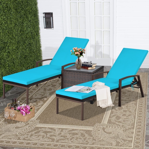 Patiojoy 2PCS Patio Rattan Wicker Lounge Chair Back Adjustable Recliner Chaise w/Turquoise Cushion