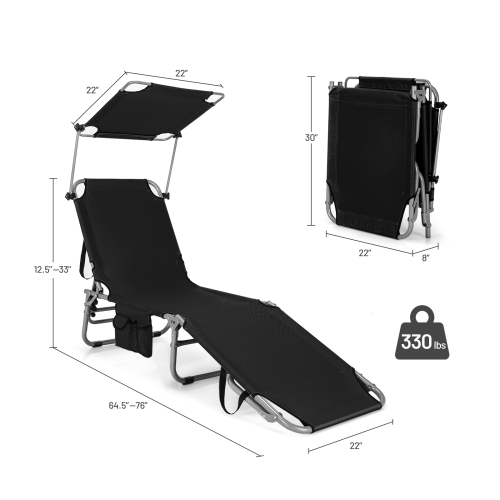 Topbuy 1PC/2PCS Foldable Sun Shading Chaise Lounge Chair Adjustable Beach Recliner Black