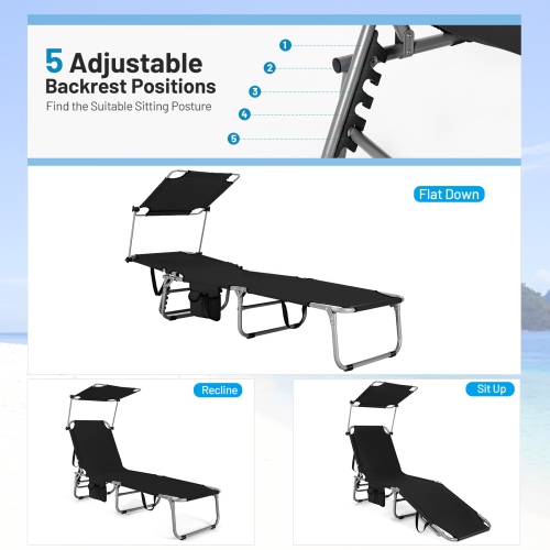 Topbuy 1PC/2PCS Foldable Sun Shading Chaise Lounge Chair Adjustable Beach Recliner Black