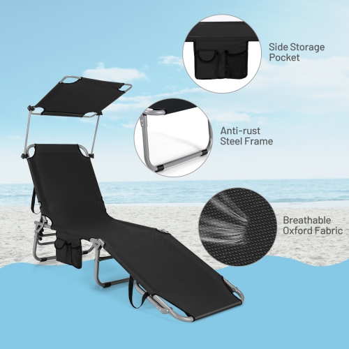 Topbuy 1PC/2PCS Foldable Sun Shading Chaise Lounge Chair Adjustable Beach Recliner Black