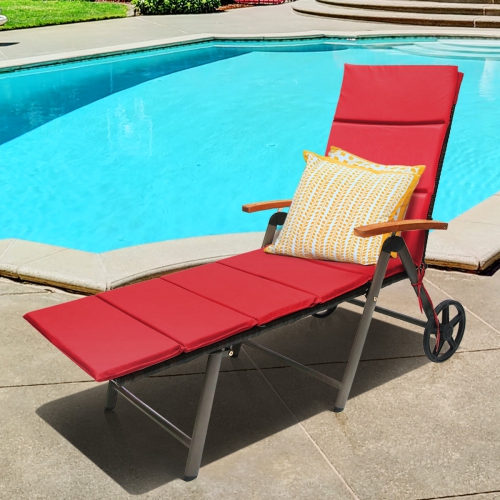 Topbuy Outdoor Rattan Wicker Lounge Chair Folding Patio Chaise w/ Wheels Red/Turquoise Cushion
