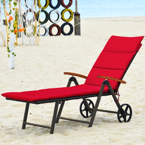 Topbuy Outdoor Rattan Wicker Lounge Chair Folding Patio Chaise w/ Wheels Red/Turquoise Cushion