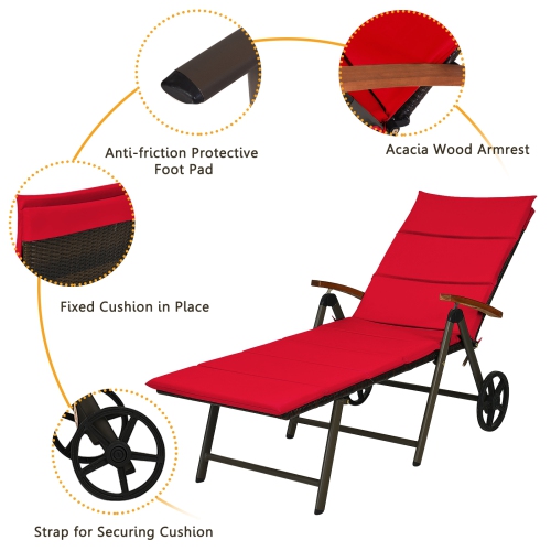 Topbuy Outdoor Rattan Wicker Lounge Chair Folding Patio Chaise w/ Wheels Red/Turquoise Cushion