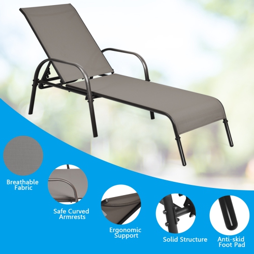 Topbuy Outdoor Chaise Lounge Chair Adjustable Reclining Bed with Backrest& Armrest Black/Brown