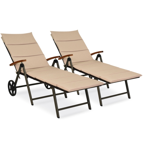 TOPBUY  2PCs Folding Outdoor Rattan Chaise Lounge Chair Cushioned Recliner With Wheels& Cushions Brown/red/turquoise