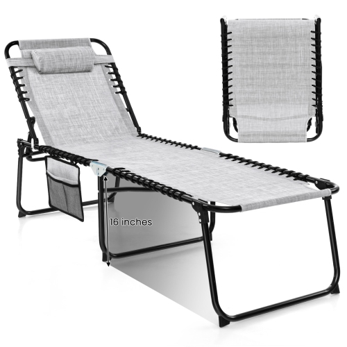 Foldable Beach Chaise Lounge Chair W/ Pillow Black/Grey