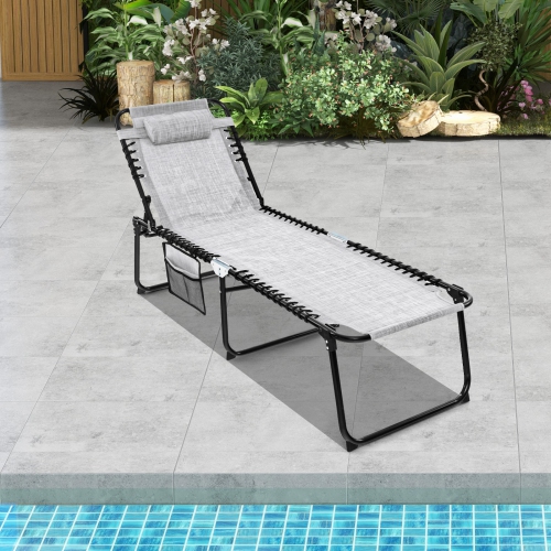Foldable Beach Chaise Lounge Chair W/ Pillow Black/Grey