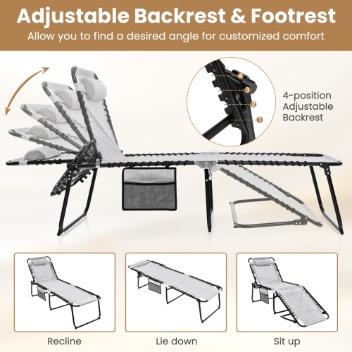 Foldable Beach Chaise Lounge Chair W/ Pillow Black/Grey