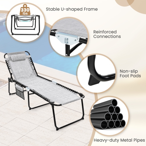 Foldable Beach Chaise Lounge Chair W/ Pillow Black/Grey