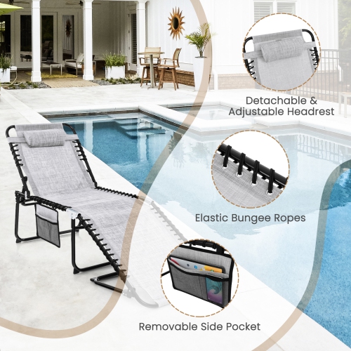 Foldable Beach Chaise Lounge Chair W/ Pillow Black/Grey