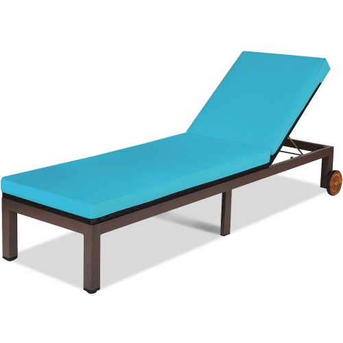 Topbuy Patio Rattan Lounge Chair Outdoor Cushioned Chaise Height Adjustable Turquoise