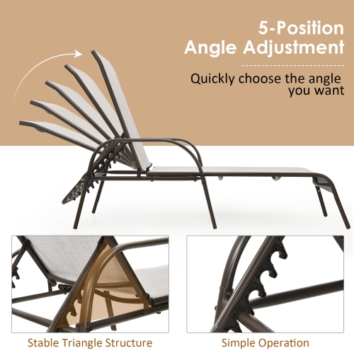 Patiojoy 2 PCS Outdoor Chaise Lounge Chair Adjustable Reclining Bed with Backrest& Armrest Gray