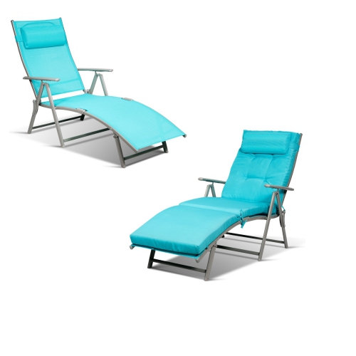 Topbuy 2PCS Cushioned Folding Chaise Lounge Chair Adjustable Recliner Black/Turquoise/Gray