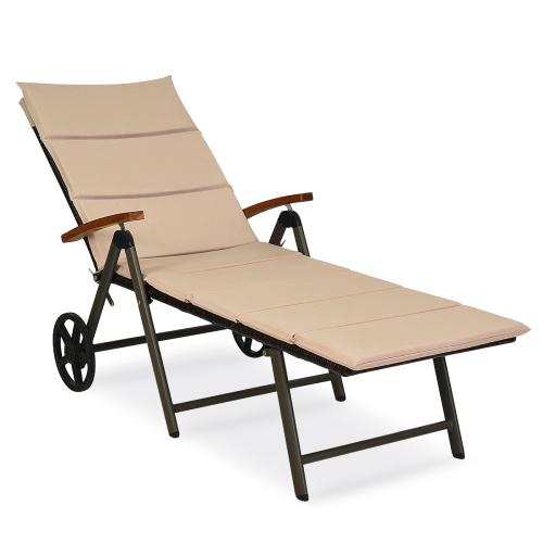 TOPBUY  Folding Outdoor Rattan Chaise Lounge Chair Cushioned Recliner With Wheels