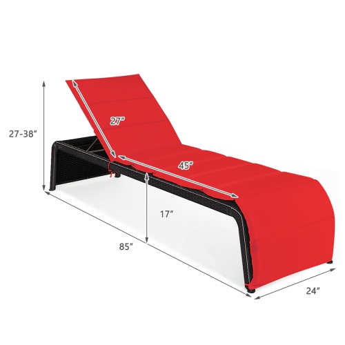 Topbuy Adjustable Outdoor Rattan Chaise Lounge Recliner Couch with Red/Turquoise Cushions