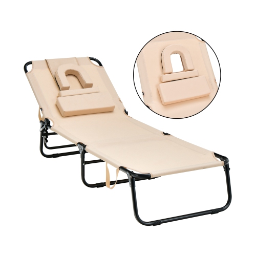 TOPBUY  Patiojoy Outdoor Folding Beach Chaise Lounge Chair Adjustable Camping Recliner In Beige
