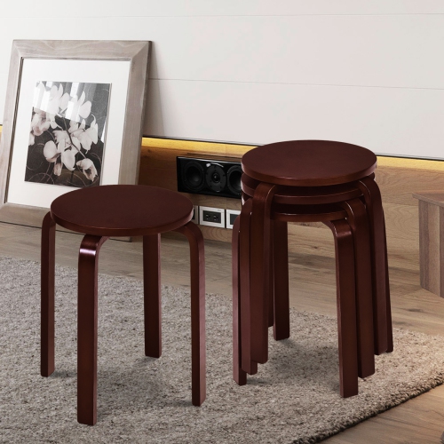 Topbuy 4PCS Stacking Bentwood Stool Round Dining Chair Backless Bar Stool Dark Coffee