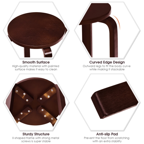 Topbuy 4PCS Stacking Bentwood Stool Round Dining Chair Backless Bar Stool Dark Coffee