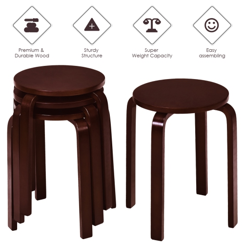 Topbuy 4PCS Stacking Bentwood Stool Round Dining Chair Backless Bar Stool Dark Coffee